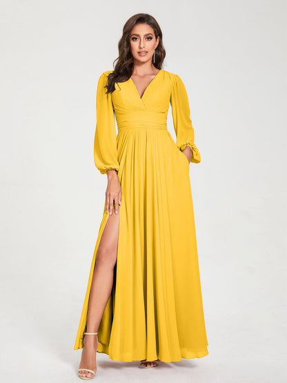Robes de Demoiselle d'Honneur Longues à Col en V en Mousseline avec Poches & Manches Longues