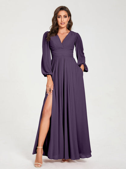 Robes de Demoiselle d'Honneur Longues à Col en V en Mousseline avec Poches & Manches Longues