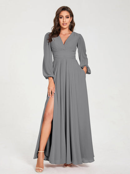 Robes de Demoiselle d'Honneur Longues à Col en V en Mousseline avec Poches & Manches Longues