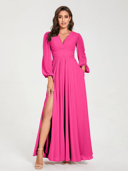 Robes de Demoiselle d'Honneur Longues à Col en V en Mousseline avec Poches & Manches Longues