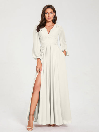 Robes de Demoiselle d'Honneur Longues à Col en V en Mousseline avec Poches & Manches Longues