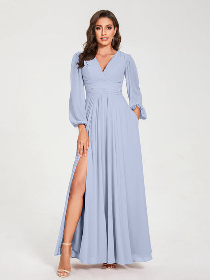Robes de Demoiselle d'Honneur Longues à Col en V en Mousseline avec Poches & Manches Longues