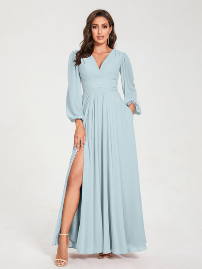Robes de Demoiselle d'Honneur Longues à Col en V en Mousseline avec Poches & Manches Longues