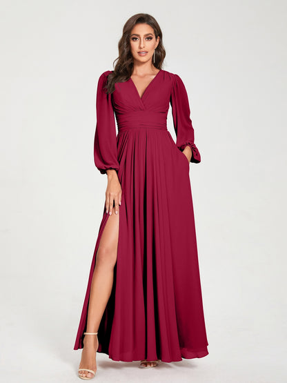Robes de Demoiselle d'Honneur Longues à Col en V en Mousseline avec Poches & Manches Longues