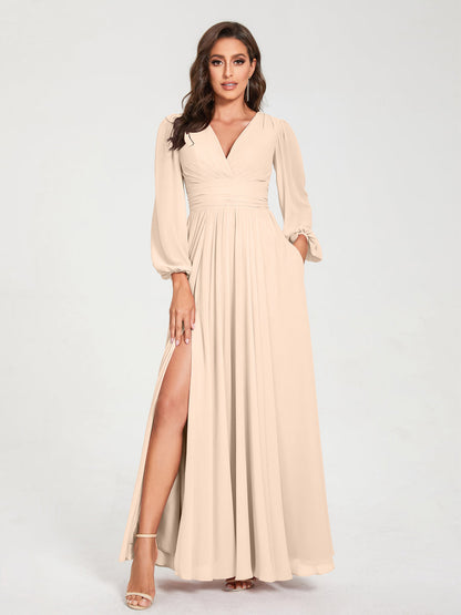 Robes de Demoiselle d'Honneur Longues à Col en V en Mousseline avec Poches & Manches Longues