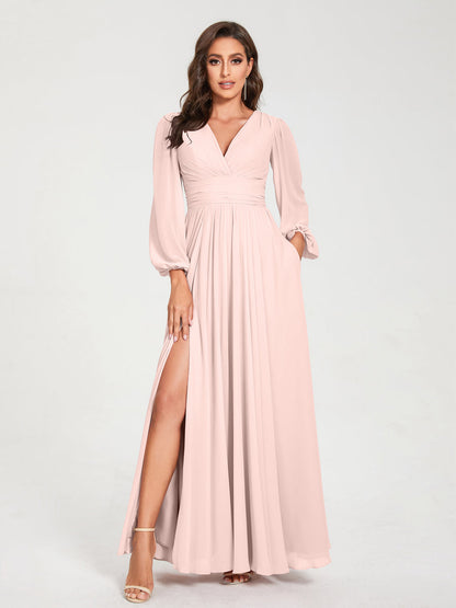 Robes de Demoiselle d'Honneur Longues à Col en V en Mousseline avec Poches & Manches Longues