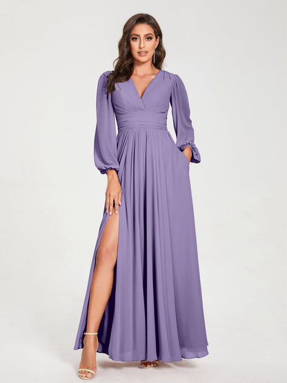 Robes de Demoiselle d'Honneur Longues à Col en V en Mousseline avec Poches & Manches Longues
