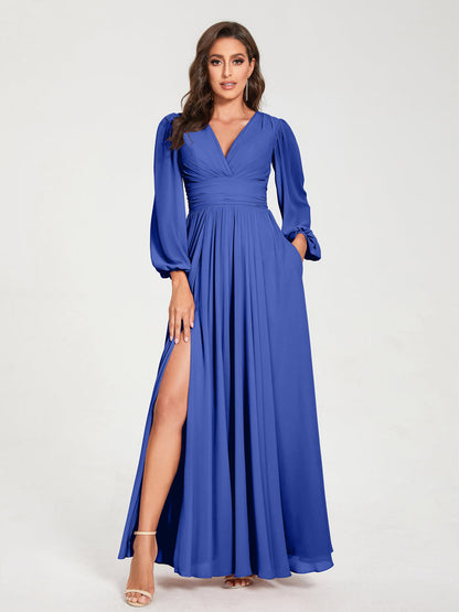 Robes de Demoiselle d'Honneur Longues à Col en V en Mousseline avec Poches & Manches Longues