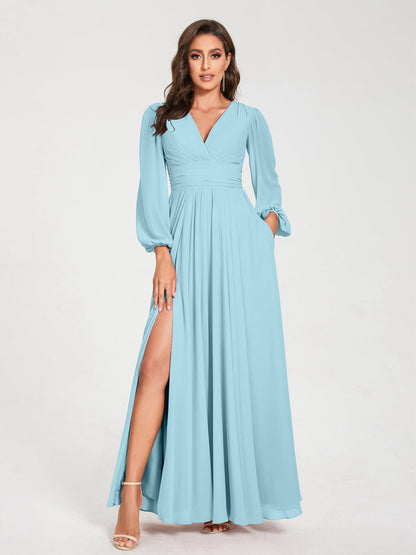 Robes de Demoiselle d'Honneur Longues à Col en V en Mousseline avec Poches & Manches Longues