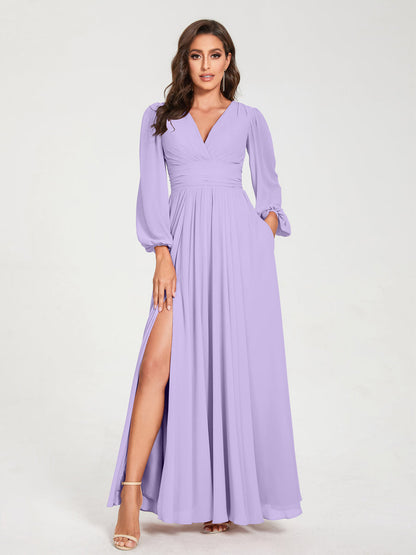 Robes de Demoiselle d'Honneur Longues à Col en V en Mousseline avec Poches & Manches Longues