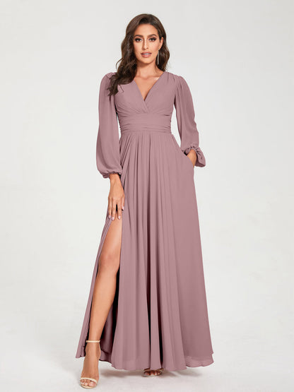 Robes de Demoiselle d'Honneur Longues à Col en V en Mousseline avec Poches & Manches Longues