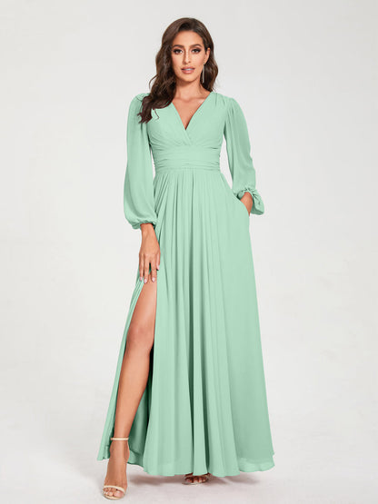 Robes de Demoiselle d'Honneur Longues à Col en V en Mousseline avec Poches & Manches Longues