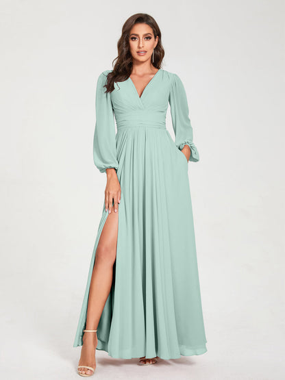 Robes de Demoiselle d'Honneur Longues à Col en V en Mousseline avec Poches & Manches Longues