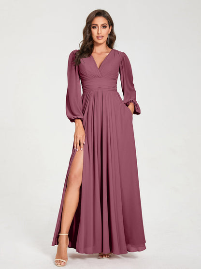Robes de Demoiselle d'Honneur Longues à Col en V en Mousseline avec Poches & Manches Longues