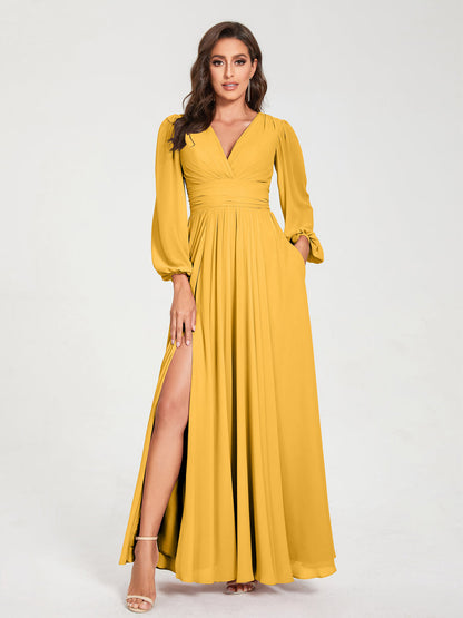 Robes de Demoiselle d'Honneur Longues à Col en V en Mousseline avec Poches & Manches Longues