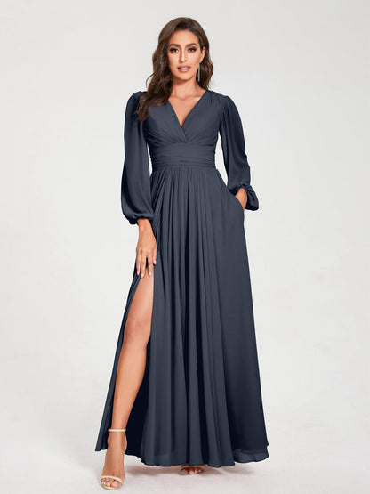 Robes de Demoiselle d'Honneur Longues à Col en V en Mousseline avec Poches & Manches Longues