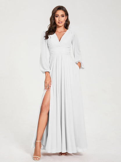 Robes de Demoiselle d'Honneur Longues à Col en V en Mousseline avec Poches & Manches Longues