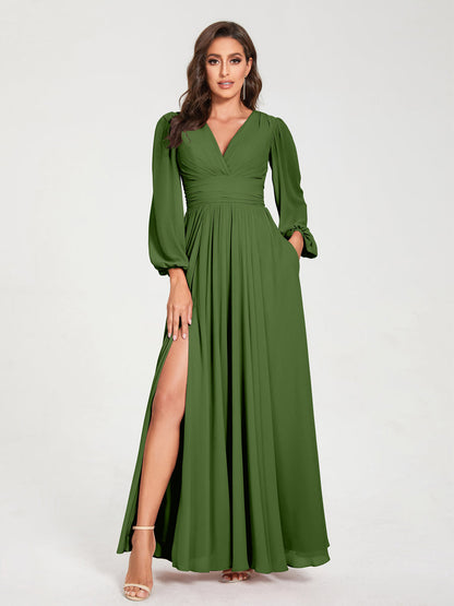 Robes de Demoiselle d'Honneur Longues à Col en V en Mousseline avec Poches & Manches Longues