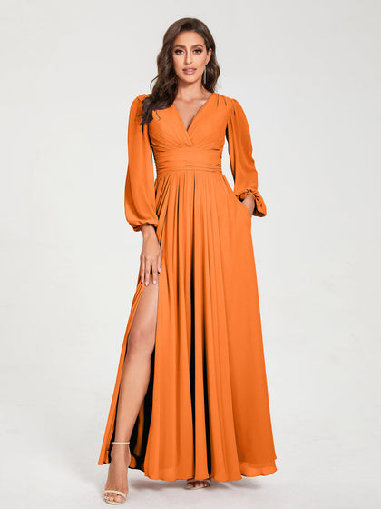 Robes de Demoiselle d'Honneur Longues à Col en V en Mousseline avec Poches & Manches Longues