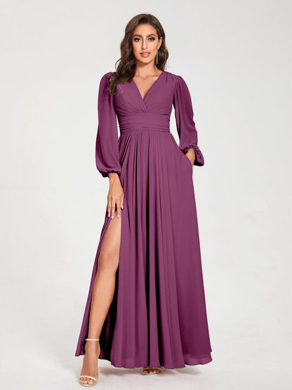 Robes de Demoiselle d'Honneur Longues à Col en V en Mousseline avec Poches & Manches Longues