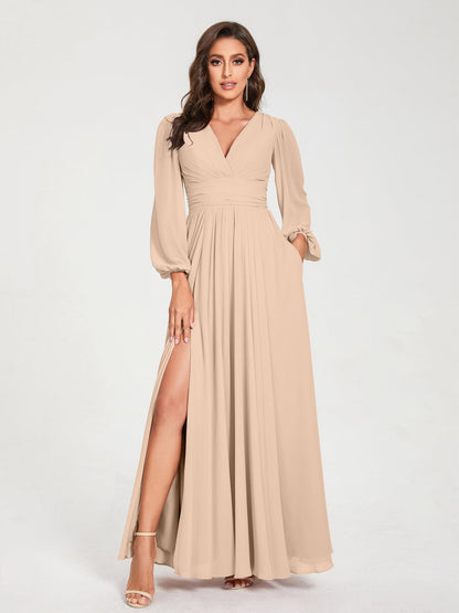Robes de Demoiselle d'Honneur Longues à Col en V en Mousseline avec Poches & Manches Longues