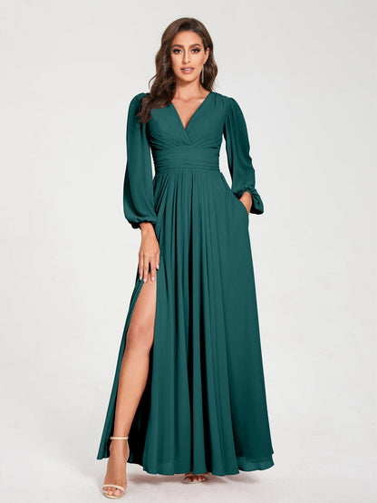 Robes de Demoiselle d'Honneur Longues à Col en V en Mousseline avec Poches & Manches Longues