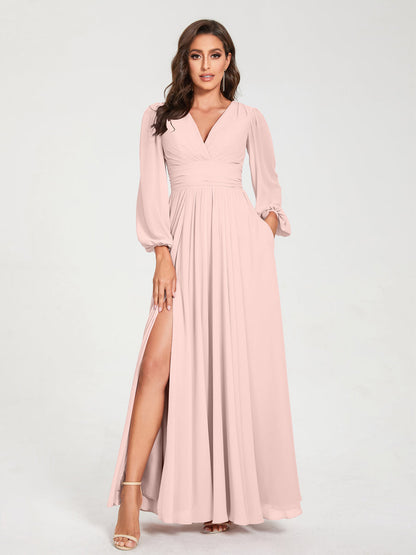 Robes de Demoiselle d'Honneur Longues à Col en V en Mousseline avec Poches & Manches Longues