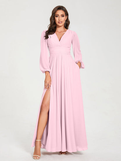 Robes de Demoiselle d'Honneur Longues à Col en V en Mousseline avec Poches & Manches Longues