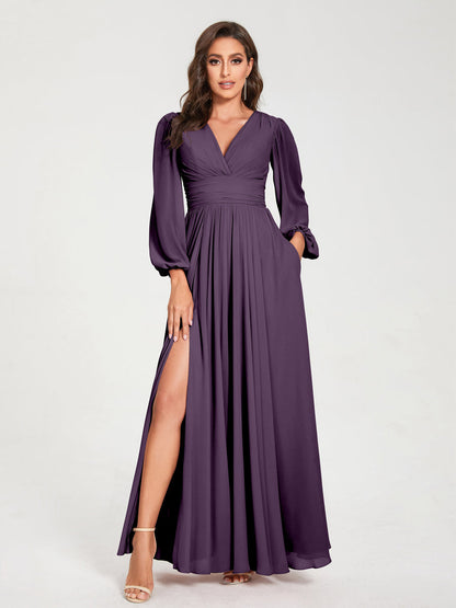 Robes de Demoiselle d'Honneur Longues à Col en V en Mousseline avec Poches & Manches Longues