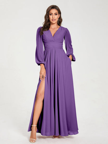 Robes de Demoiselle d'Honneur Longues à Col en V en Mousseline avec Poches & Manches Longues