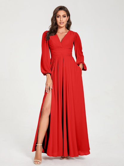 Robes de Demoiselle d'Honneur Longues à Col en V en Mousseline avec Poches & Manches Longues