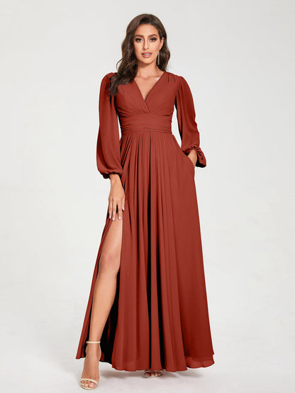 Robes de Demoiselle d'Honneur Longues à Col en V en Mousseline avec Poches & Manches Longues