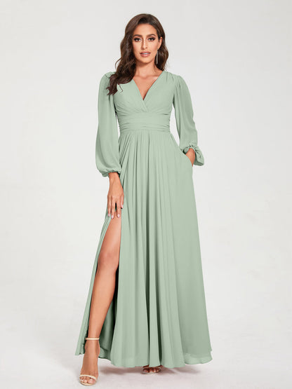 Robes de Demoiselle d'Honneur Longues à Col en V en Mousseline avec Poches & Manches Longues