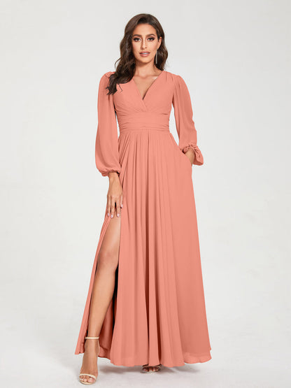 Robes de Demoiselle d'Honneur Longues à Col en V en Mousseline avec Poches & Manches Longues