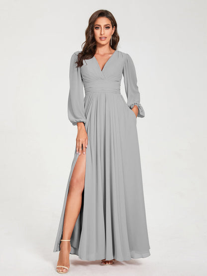 Robes de Demoiselle d'Honneur Longues à Col en V en Mousseline avec Poches & Manches Longues