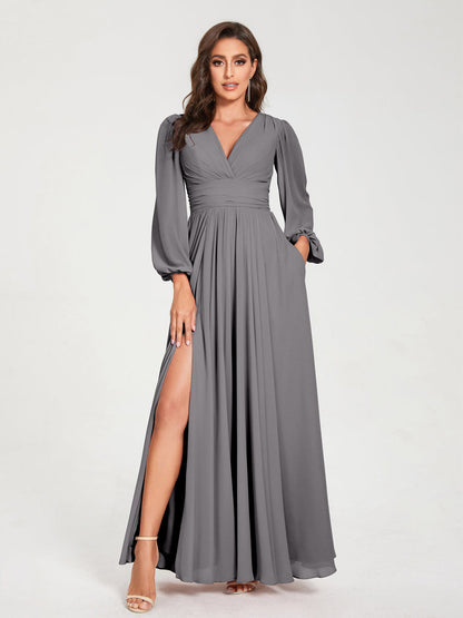 Robes de Demoiselle d'Honneur Longues à Col en V en Mousseline avec Poches & Manches Longues
