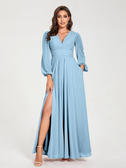 Robes de Demoiselle d'Honneur Longues à Col en V en Mousseline avec Poches & Manches Longues