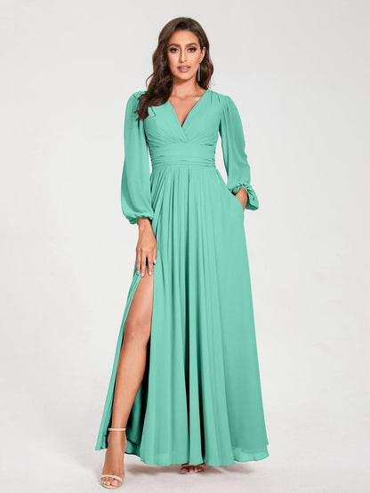Robes de Demoiselle d'Honneur Longues à Col en V en Mousseline avec Poches & Manches Longues