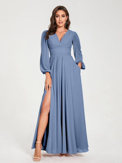 Robes de Demoiselle d'Honneur Longues à Col en V en Mousseline avec Poches & Manches Longues