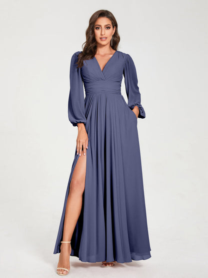 Robes de Demoiselle d'Honneur Longues à Col en V en Mousseline avec Poches & Manches Longues