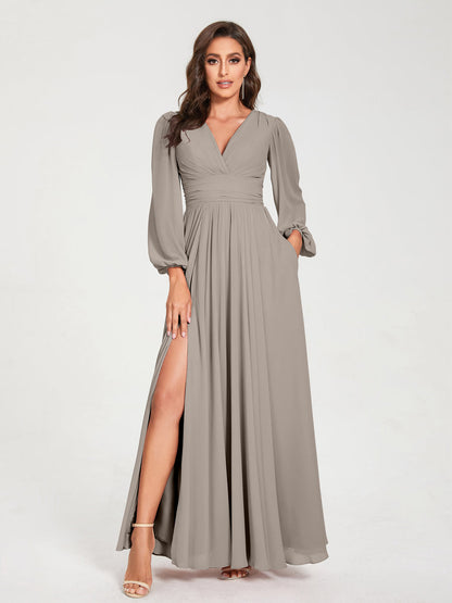 Robes de Demoiselle d'Honneur Longues à Col en V en Mousseline avec Poches & Manches Longues