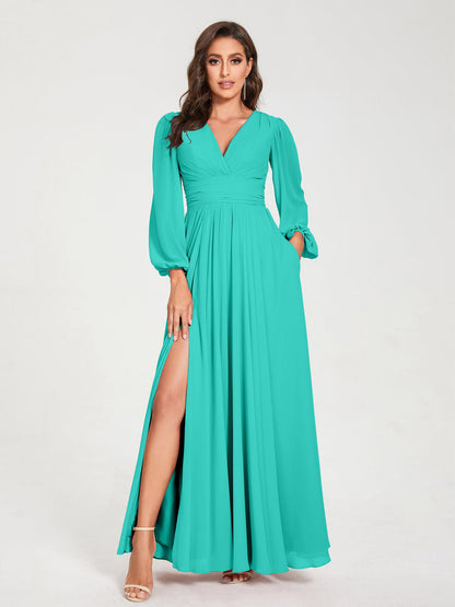Robes de Demoiselle d'Honneur Longues à Col en V en Mousseline avec Poches & Manches Longues