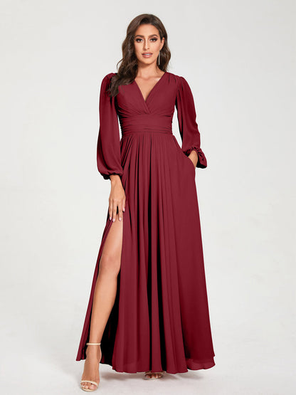 Robes de Demoiselle d'Honneur Longues à Col en V en Mousseline avec Poches & Manches Longues