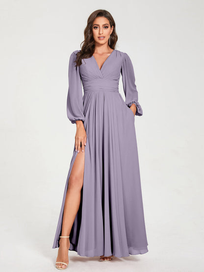 Robes de Demoiselle d'Honneur Longues à Col en V en Mousseline avec Poches & Manches Longues