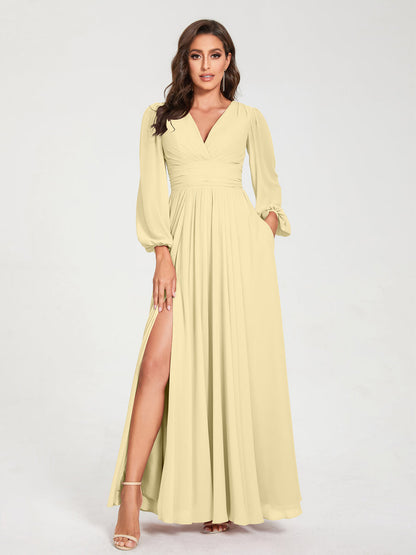 Robes de Demoiselle d'Honneur Longues à Col en V en Mousseline avec Poches & Manches Longues