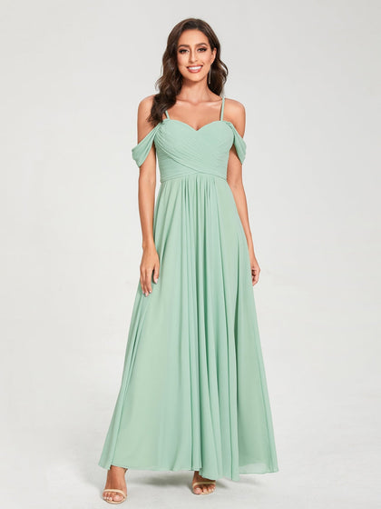 Forme Princesse Mousseline de soie Bretelles spaghetti Manches courtes Longueur ras du sol avec Plissé Robes de demoiselle d'honneur
