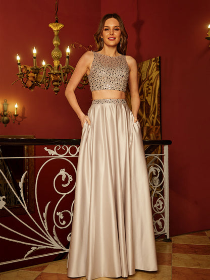 Forme Princesse Col plongeant Sans Manches Deux Pièces Longue Robes de bal