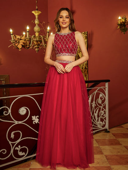 Forme Princesse Col plongeant Sans Manches Tulle Paillettes Deux Pièces Longue Robes de bal