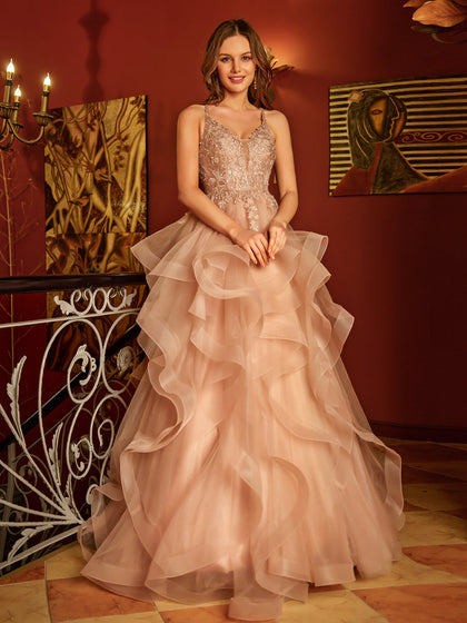 Forme Princesse Col V Appliques Paillettes Tulle Longue Robes de bal
