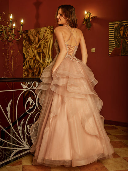Forme Princesse Col V Appliques Paillettes Tulle Longue Robes de bal
